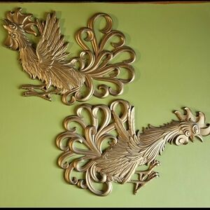 Vintage Rooster Art Wall Hangings 15” Pair  MCM Sexton Metal Crafts